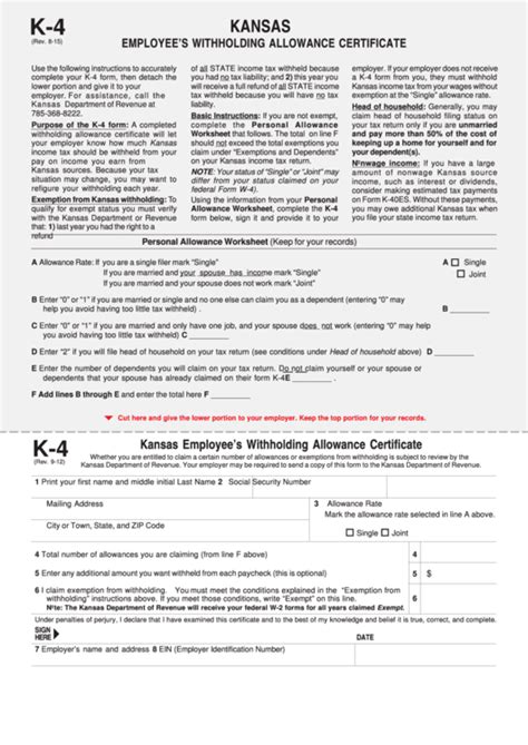 Kansas k4 form - Oct 5, 2021 · If an employee does not complete a form K-4 (Kansas State withholding allowance certificate), then the employer must withhold Kansas income tax from wages at the Single rate with no allowances. If an invalid Marital Status is entered, then the default value used will be Single and zero allowances (S00). 
